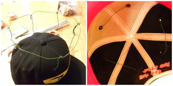 Here is the frame on top of the hat and the inside where I threaded the wire through.
